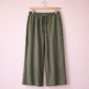 Ellen Tracy 100% Linen Wide Leg Olive Green Loose Leg Flowy Pant Small